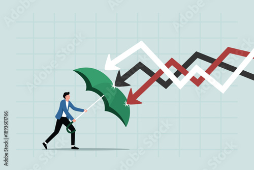 Protection or defensive stocks in economic crisis or market crash, the concept of insurance, entrepreneurs hold an umbrella to cover and protect themselves from the arrows of decline.