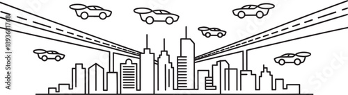 City skyline with flying cars urban transport future mobility cityscape line art modern buildings