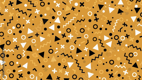 Dynamic retro-inspired geometric pattern with scattered shapes including dots, dashes, and zigzags in black and white on a warm golden-yellow background