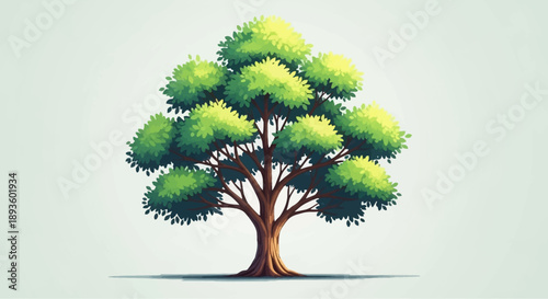A vibrant green tree with a sturdy brown trunk and lush foliage, standing tall on a simple light background, symbolizing nature and growth.