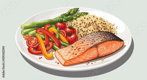 Healthy Grilled Salmon Fillet with Asparagus, Bell Peppers, Tomatoes, and Quinoa on a White Plate, bright studio