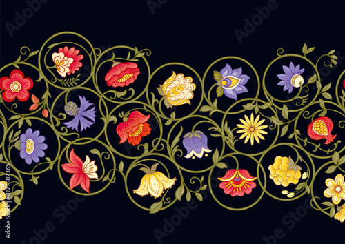 Ornate floral seamless pattern. Elegant hand-drawn botanical motif with intricate repeating layout for textile, wallpaper and decor, classic flowers and foliage create a refined vintage background.