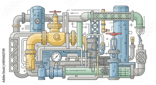 Detailed Industrial Piping System with Valves, Gauges, and Complex Machinery, Isolated White Background.