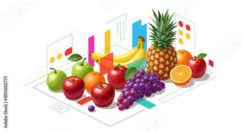 Fresh Assortment of Tropical and Healthy Fruits with Abstract Chart Elements, Isolated White Background.