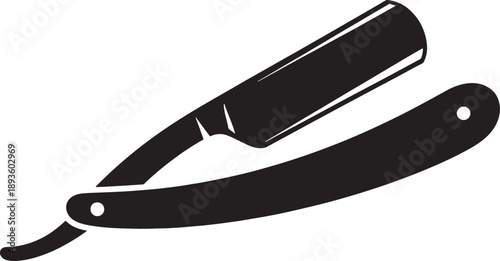 Black Sketched Straight Razor with Handle and Blade in Open Position