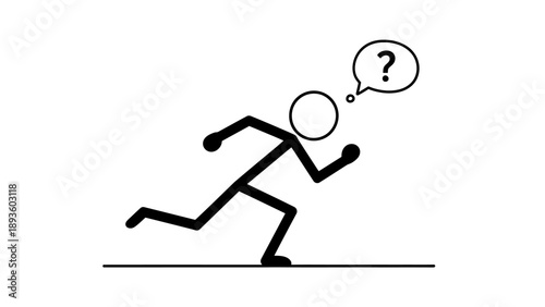 Confused stick figure running with a questioning thought bubble.