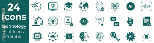 Collection of 24 flat icons representing technology and artificial intelligence concepts.