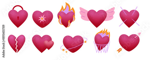 Valentine's Day set of grainy heart icons and love symbols.