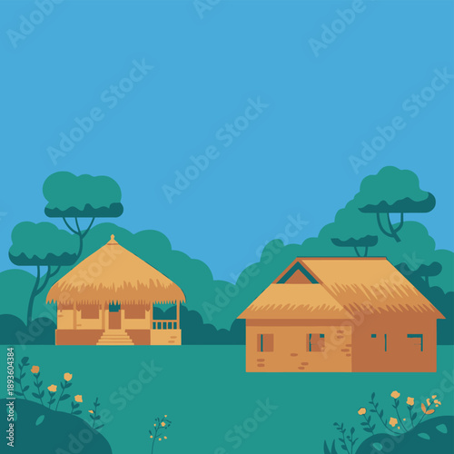 Thatched huts Rural village Traditional houses Countryside scene Green landscape Natural scenery Simple architecture Tropical setting Peaceful environment Outdoor scenery Village life Farm houses Gras