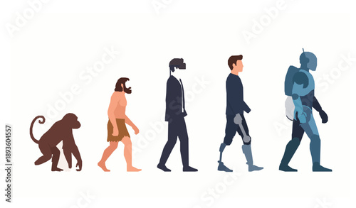 Human Evolution from Ape to Cyborg Technology Vector Illustration