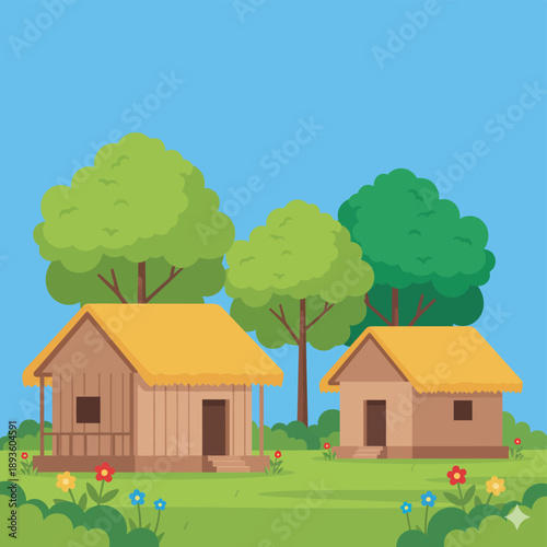 Traditional Huts in a Lush Green Field