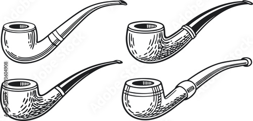 A collection of six different tobacco pipes is presented against a stark white background. The pipes are arranged horizontally, each drawn in a detailed, monochrome, hand-drawn style. The pipes vary i