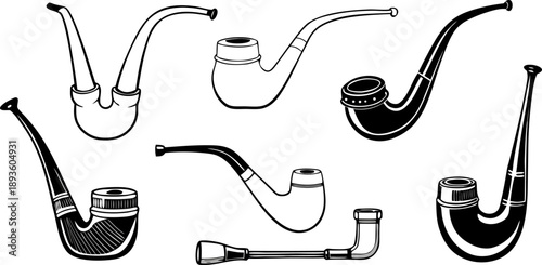A collection of six different tobacco pipes is presented against a stark white background. The pipes are arranged horizontally, each drawn in a detailed, monochrome, hand-drawn style. The pipes vary i