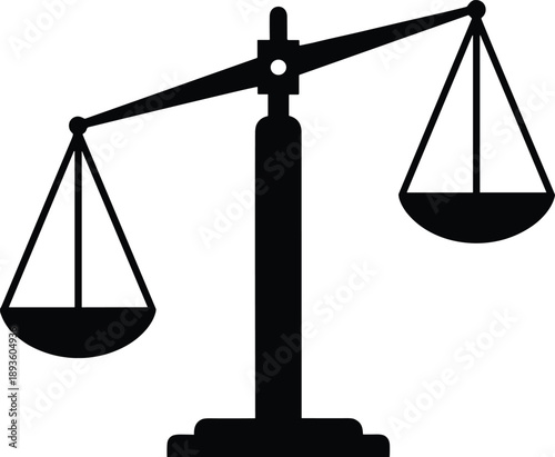 Minimal vector silhouette, antique balance scale with two hanging pans, solid black, isolated on white.