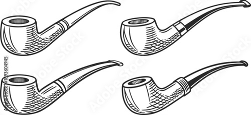 A collection of six different tobacco pipes is presented against a stark white background. The pipes are arranged horizontally, each drawn in a detailed, monochrome, hand-drawn style. The pipes vary i