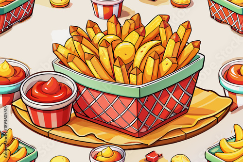 Golden crispy fried potatoes served in basket with ketchup and fresh garnish appetizing comfort food scene casual dining snack food photography.