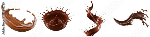 dynamic array of rich brown chocolate splashes in various energetic forms, captured as realistic 3d renders.
