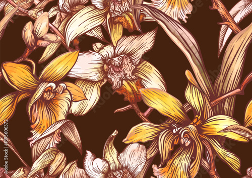 Wallpaper Mural Vanilla orchid botanical seamless pattern. Hand drawn vanilla flowers leaves pods in vintage decorative style. Exotic culinary spice design for textile wallpaper baking sweet food kitchen themes. Torontodigital.ca