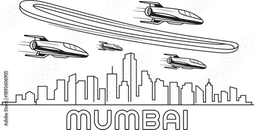 Futuristic mumbai city skyline vector with flying shuttle crafts and geometric buildings