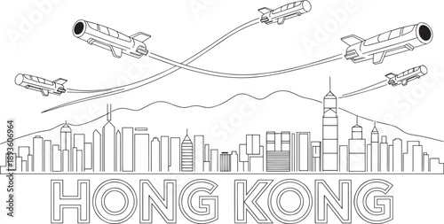 Hong kong skyline futuristic transportation concept flying cars illustration vector art