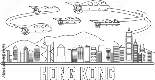 Hong kong cityscape with futuristic flying cars technology concept vector art illustration