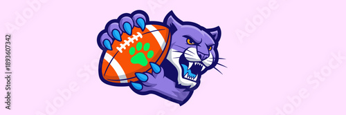 Aggressive purple panther mascot holding American football with green paw print logo for high school sports team branding collegiate athletic club identity competitive league spirit apparel design