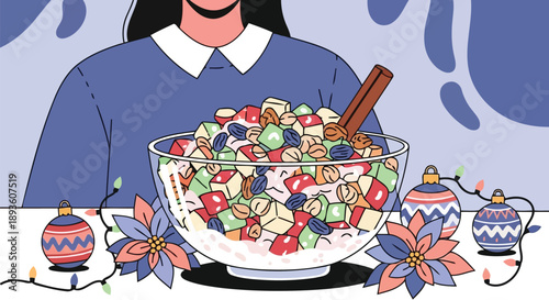 Christmas fruit salad bowl with woman and festive winter decoration vector