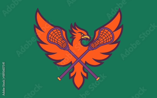 Phoenix mascot logo with crossed lacrosse sticks for sports team branding fierce mythical bird emblem on green background professional athletic club graphic design for apparel and merchandise