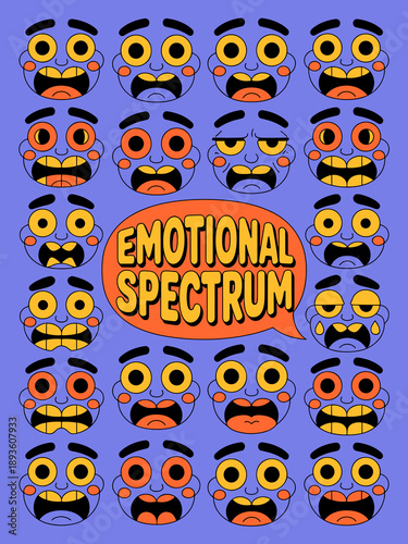 Emotional spectrum character faces showing varied feelings and moods in flat cartoon style for mental health awareness psychological therapy poster education graphic and social media marketing
