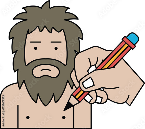 A man with a beard is drawing on a man's chest with a pencil