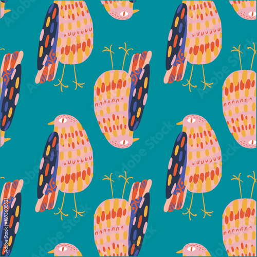 Vector reaky cool funny hand-drawn doodlish abstract bird seamless pattern, Scandinavian freehand style minimal collage clipart, for cloth and more variants