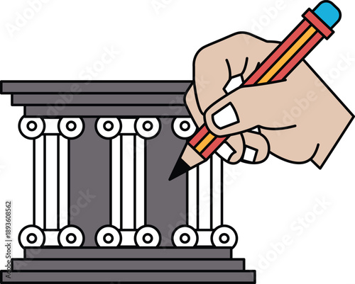 A hand is drawing on a pillar with a pencil