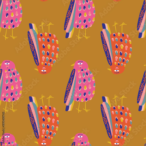 Vector reaky cool funny hand-drawn doodlish abstract bird seamless pattern, Scandinavian freehand style minimal collage clipart, for cloth and more variants