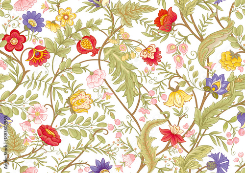 Wallpaper Mural Ornate floral seamless pattern. Elegant hand-drawn botanical motif with intricate repeating layout for textile, wallpaper and decor, classic flowers and foliage create a refined vintage background. Torontodigital.ca