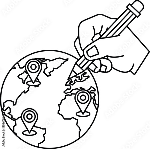 A hand is drawing a globe with four pins on it