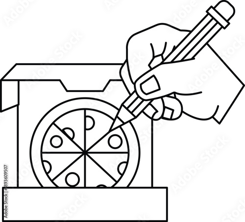 A person is drawing a pizza on a box with a pencil