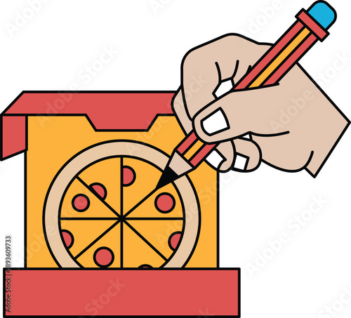 A hand is drawing a pizza on a box