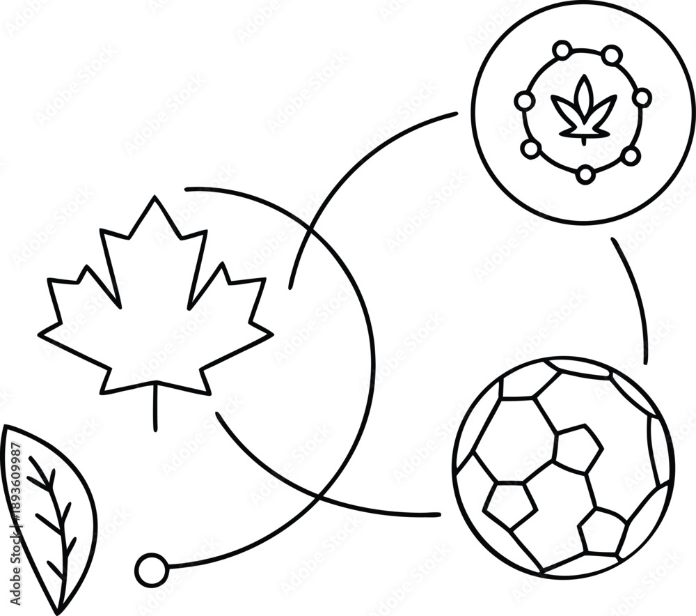 Obraz premium Icons Set Featuring Leaf, Soccer Ball, And Floral Flat Line Art Vector Illustration