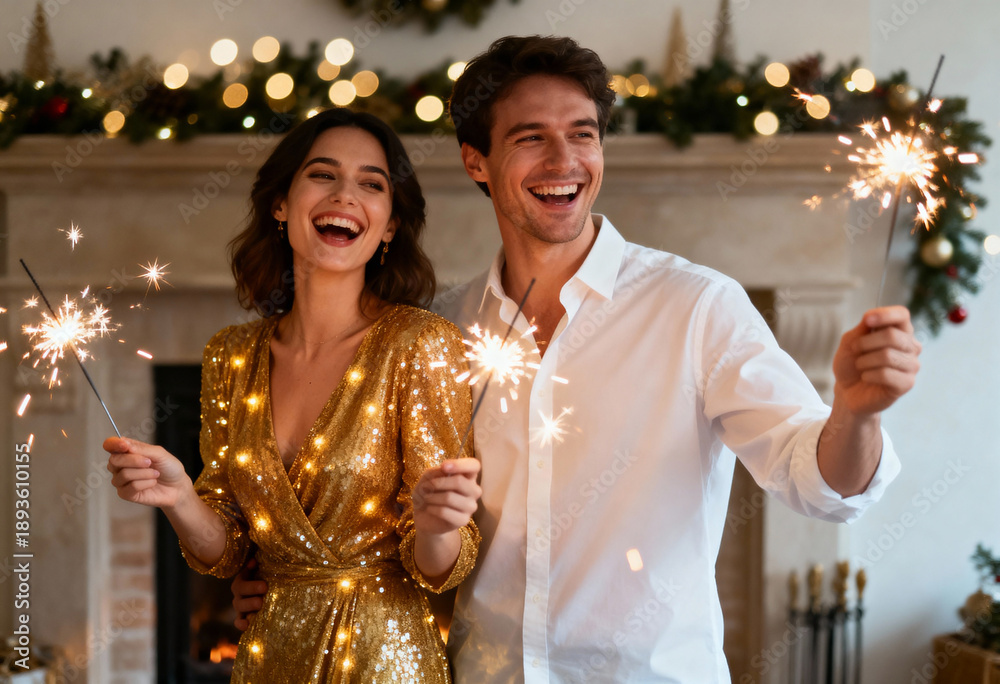 Obraz premium Happy couple celebrating with sparklers at a holiday party. Young man and woman laughing together on Christmas or New Year's Eve. Festive indoor celebration concept