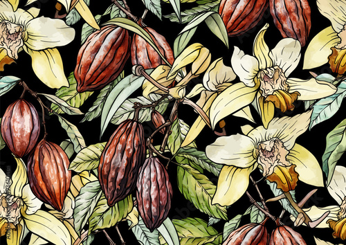 Chocolate and vanilla elements seamless pattern. Hand-drawn botanical illustration of vanilla orchids and cocoa pods in a vintage style, designed for textile, wallpaper, kitchen, and culinary projects