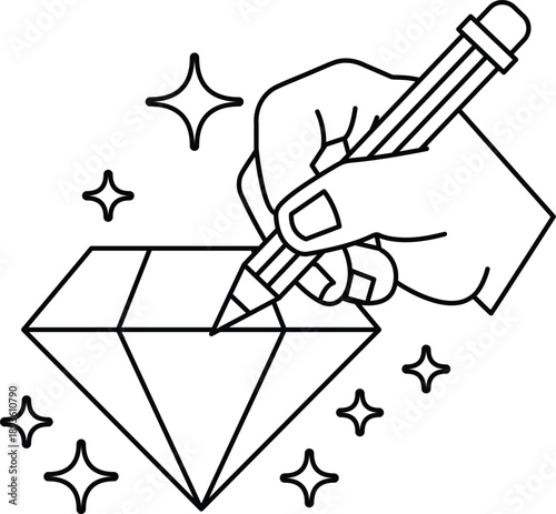 A hand is drawing a diamond with a pencil
