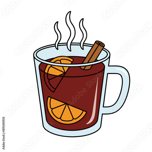 Hot mulled wine with orange slices and cinnamon stick isolated on white background winter drink concept