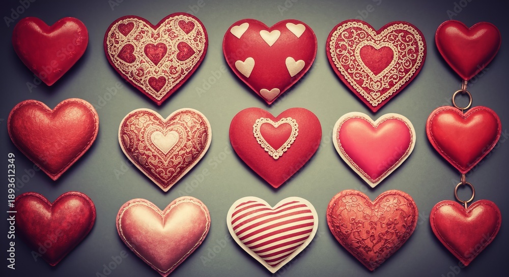 Fototapeta premium Romantic Valentine s Day Collection of Whimsical Heart-Shaped Decorations in Red and Pink Hues