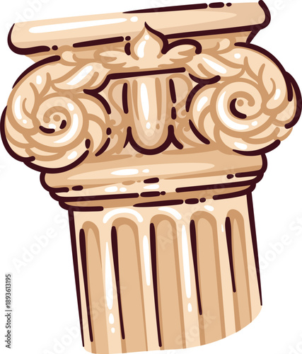 Ionic column capital with volutes, classical architectural element inspired by ancient Italy and Roman heritage. Decorative stone column top, antique detail, cartoon vector illustration.