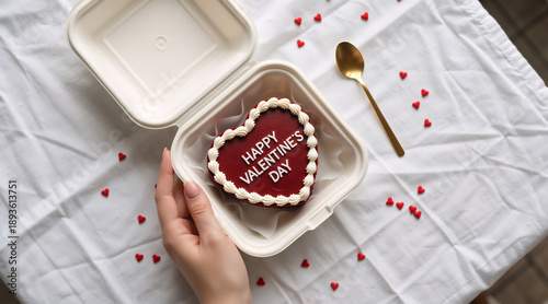 Heart shaped bento cake with white piping and text for Valentine's Day. Woman holding romantic dessert box