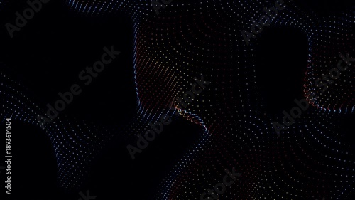 Abstract 3D wave mesh composed of thousands of tiny glowing colored dots forming fluid undulating patterns on a black background in digital motion
