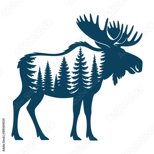 Moose with Pine Trees Double Exposure Wildlife Illustration