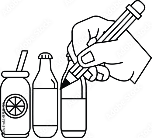 A hand is drawing on a bottle with a pencil