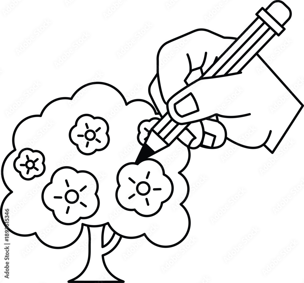 Fototapeta premium A hand is drawing a tree with flowers on it