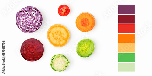 Organic vegetable slices arranged as color palette isolated on white background. Flat lay composition with cabbage, beetroot, carrot, tomato, leek and sweet potato